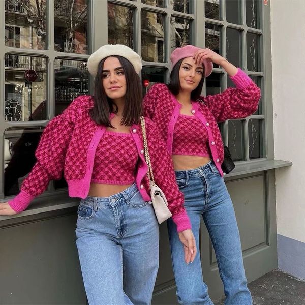 

women s knits tees zaa fall fashion retro casual round neck single breasted chic plaid knit long sleeve sweater cardigan jacket 221206, White