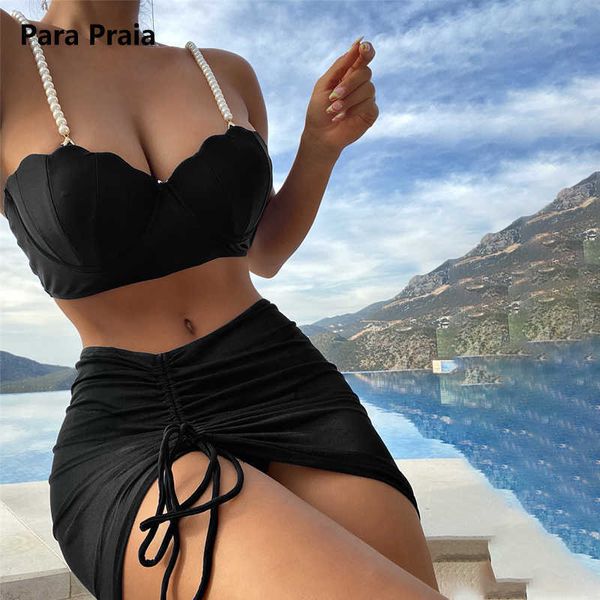 

bras sets para praia push up bikinis three piece swimsuit with skirts pearl swimwear women 2023 drawstring beachwear summer biquini t221206, Red;black