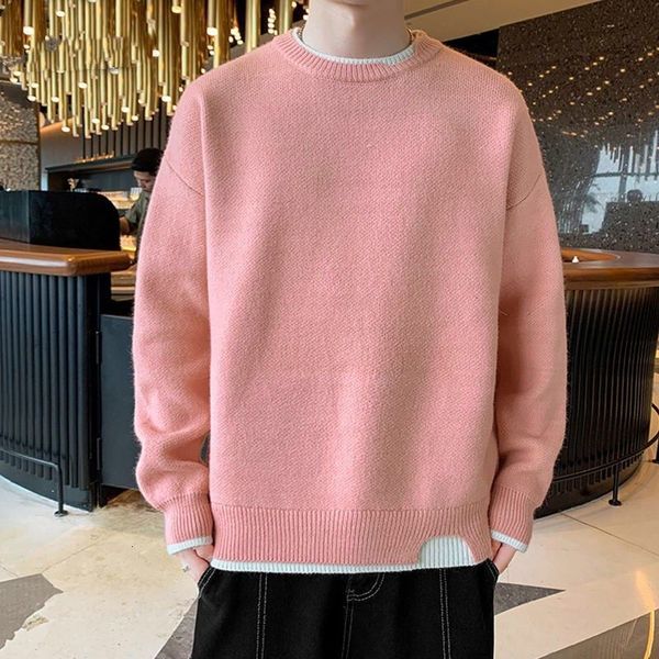 

men's sweaters fashion o neck spliced irregular fake two pieces sweater clothing autumn oversized casual pullovers loose 221207, White;black