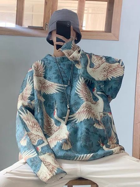 

men's sweaters lazy loose streetwear sueter hombre pullover hong kong style vintage black crane men clothing knit fall dark hip 221207, White;black