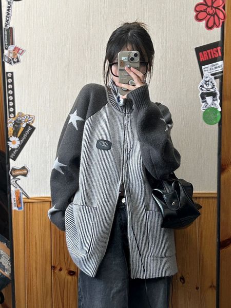 

women s knits tees kosahiki vintage o neck cardigans double zipper women autumn y2k aesthetic jacket star print patchwork color sweater kore, White