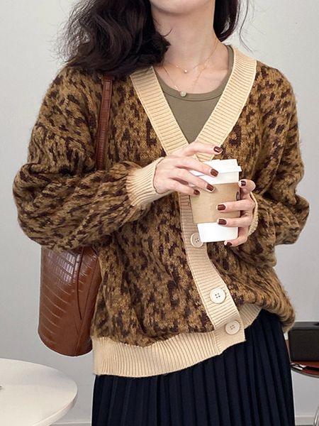 

women's knits tees winter beige leopard print cardigan with buttons oversize jacket loose green thick warm knitted for c 047 221207, White