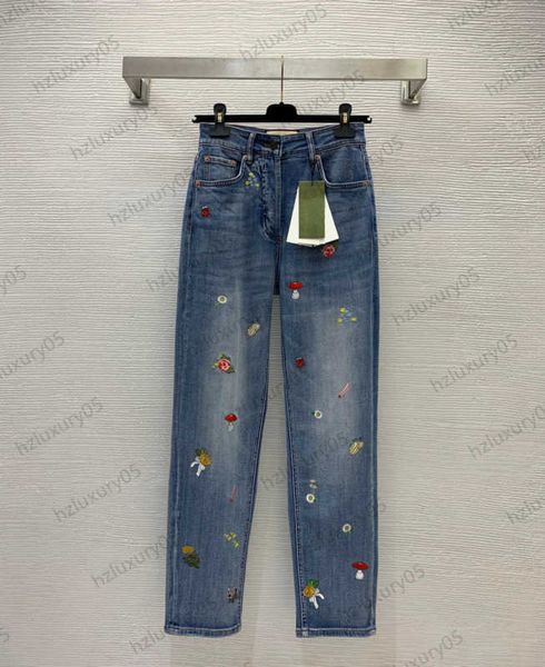 

washed cotton fabric mushroom flower embroidery jean trousers high-waisted slimming straight elastic luxury brand womens clothing 1970, Blue