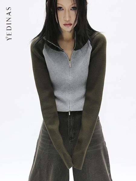 

women s knits tees yedinas patchwork zipper cardigan women long sleeve american retro knitted sweater autumn winter female cardigans y2k chi, White