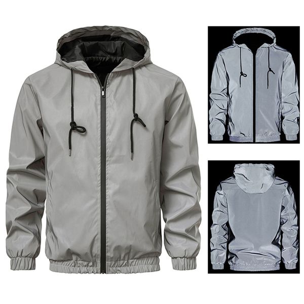 

mens jackets men autumn and winter fashion casual solid color reflective hip hop fluorescent casual night sports men snow pants and jacket 2, Black;brown