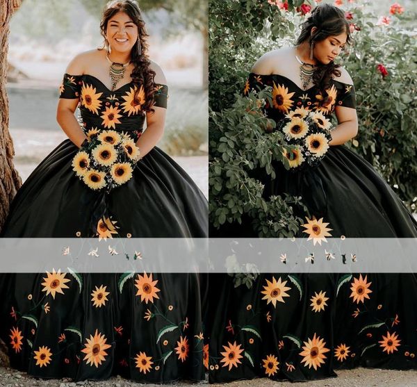 

2023 vintage black wedding dresses off the shoulder sunflowers embroidered satin plus size bridal party dress for women, White