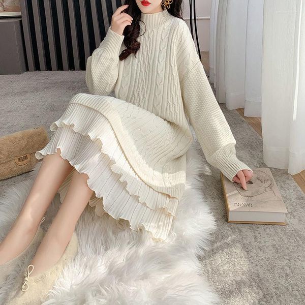 

casual dresses women sweater skirt autumn and winter japanese korean style mid-length over the knee outer wear thick inner base shirt, Black;gray