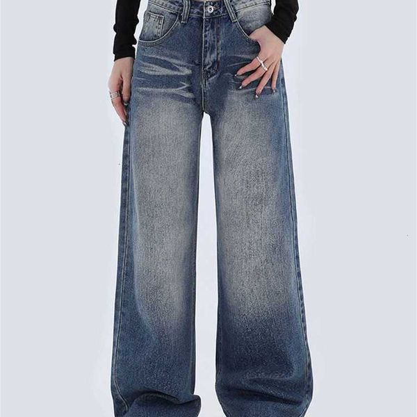 

women's jeans high waist vintage straight baggy denim pants streetwear chic design fashion wide leg trouser y2kc1da, Blue