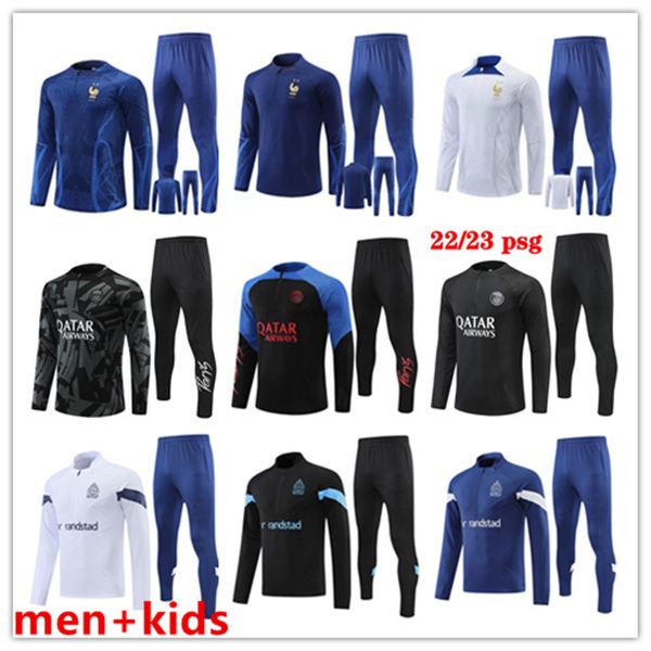 

22 23 psgs marsellas football kids men tracksuit kit jerseys training soccer tracksuits suit kit 2022 2023 messis survetement maillot om cha, Black