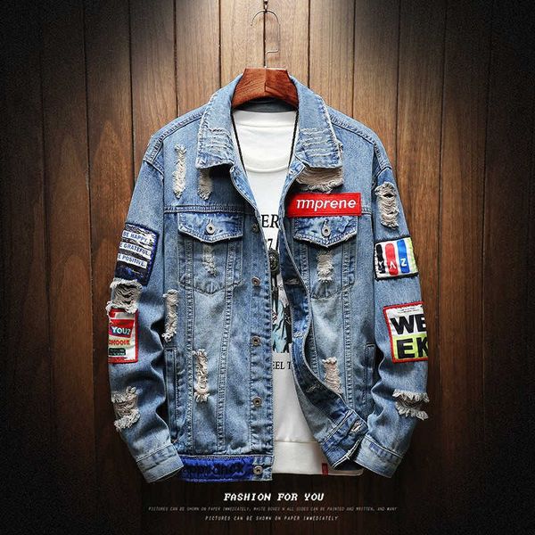 

men's jackets men denim jacket streetwear vintage hole jeans coats outwear spring autumn loose casual jean jackets hip hop fashion jack, Black;brown