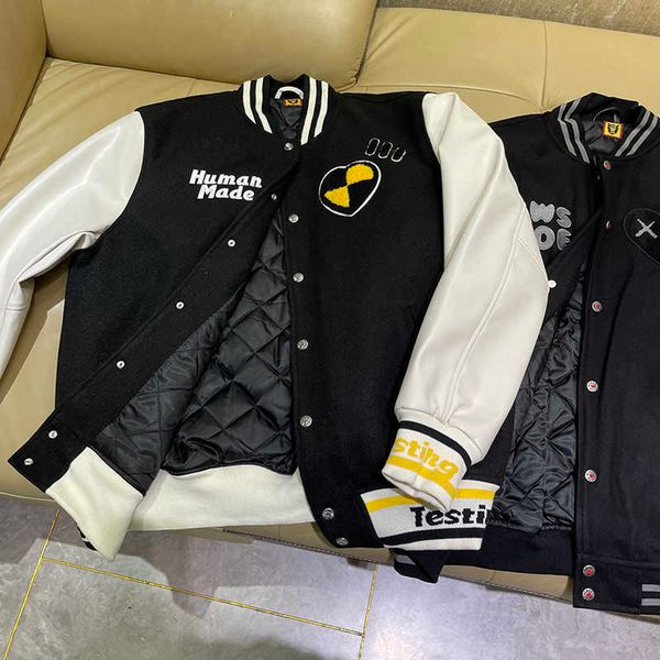 

men's jackets oversized human made baseball jackets thickening keep warm men women 1 1 leather sleeve jackets t221206, Black;brown