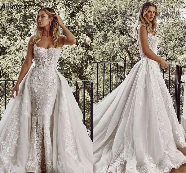 

floral lace appliqued mermaid wedding dresses with detachable skirt spaghetti straps backless bridal gowns arabic aso ebi formal vestidos de, White