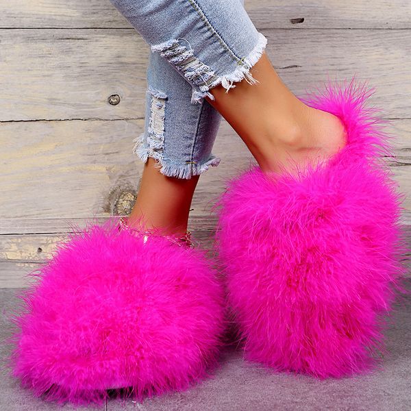 

slippers woman ostrich fur women shoes flat slipper womens flip flops brand ladies sandals female flipflop luxury sandal 221208, Black
