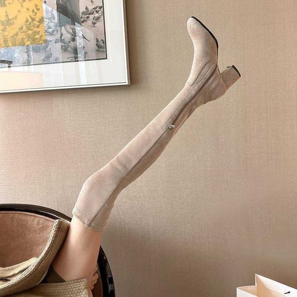 

square head knee length boots with plush in winter thin elastic boots khaki thick heel boots children's spring and autumn, Black