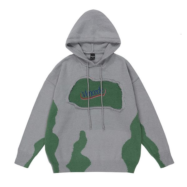 

men's sweaters harakuju color block patchwork knitted hooded hip autumn streetwear pullover for male loose fit 221207, White;black