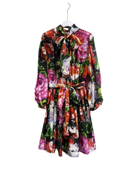 

2023 temperament lady spring new bowtie silk print grand dress, Black;gray
