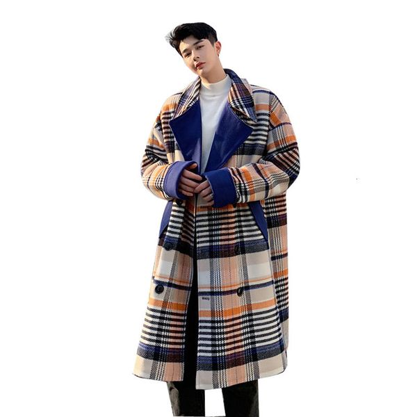 

men's wool blends men woolen plaid long trench coat overcoat autumn winter male vintage fashion casual loose wool windbreaker jacket, Black