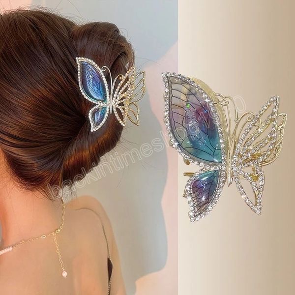 

korean rhinestones butterfly hairclips women fashion hair claw elegant large metal crab clip female hair accessories, Slivery;white