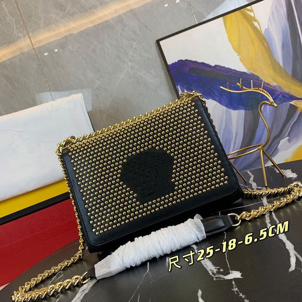 

european and american leather messenger bag chain gold hardware black trend retro cute commuter designer bag shoulder luxury rivet