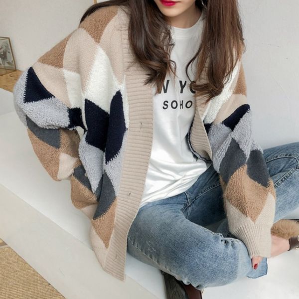 

women's knits tees chic argyle plaid cardigans sweater button autumn winter oversized cardigan checkered puff sleeve sweaters 23825 221, White