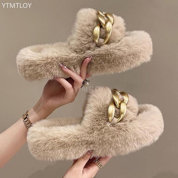 

slippers fur womens autumn winter 2023 large size fashion thick bottom slides home open toe ytmtloy zapatillas mujer casa 221208, Black