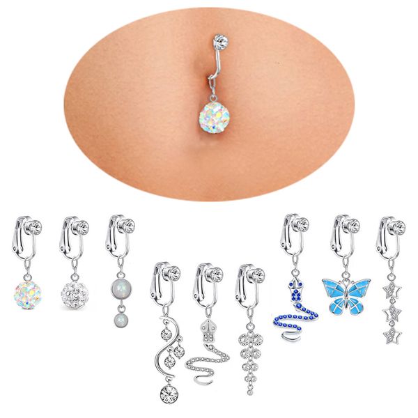 

navel bell button rings heart belly ring fake piercing jewelry clip on earrings butterfly 221208, Silver