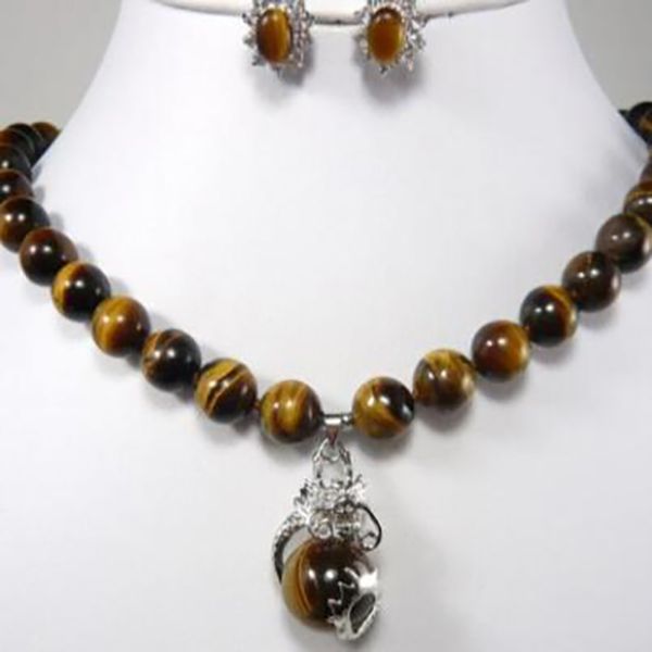 

8mm tiger eye necklace egg earrings metal silver plated jewelry set