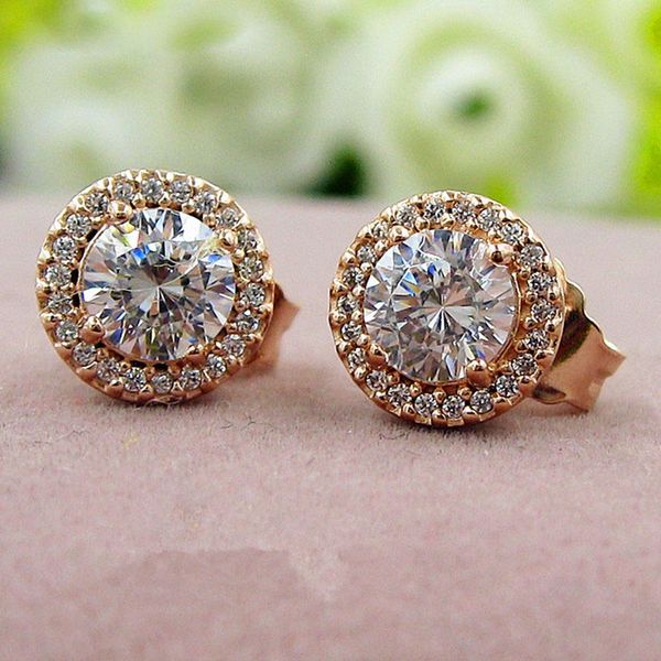 

rose gold plated round sparkle stud earrings fits european pandora style jewelry fashion earrings, Golden;silver