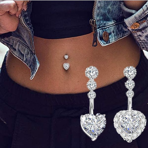 

navel bell button rings 1pcs crystal belly steel heart piercing flower body ombligo 221208, Silver