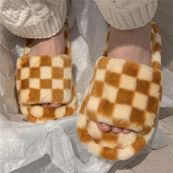 

luxury brand peep toe women slippers warm fluffy flat ladies slides summer autumn home shoes winter soft plush female indoor slipper, Black