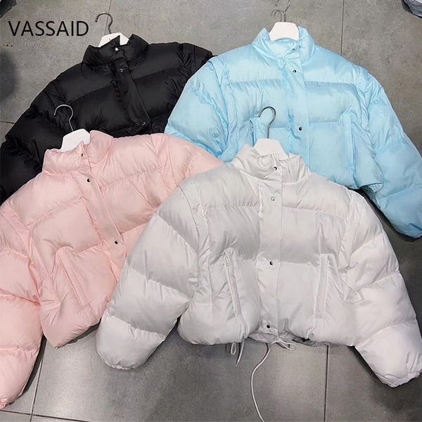 

women's down parkas vassaid winter cotton coat detachable long sleeves zipper high neck solid women short female 221207, Black