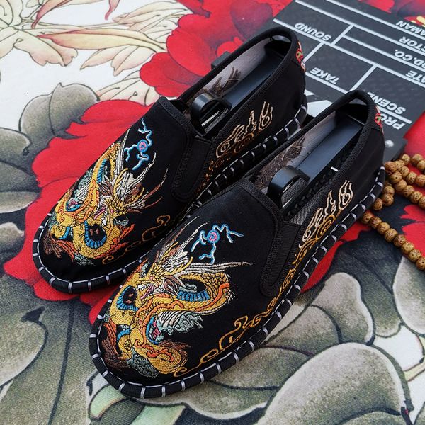 

dress shoes old beijing cloth embroidery flower social guy male moccasin gommino student casual fashion national chinese style 221207, Black