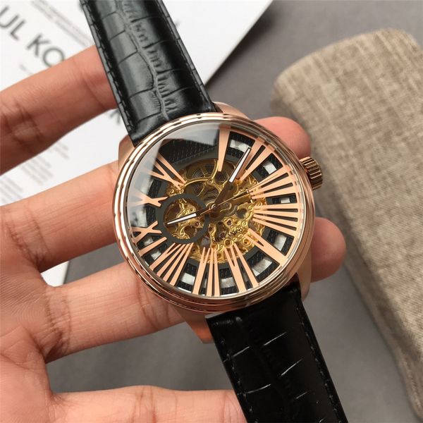 

business men's watch automatic mechanical hollow waterproof belt fashion watch calendar, Slivery;brown