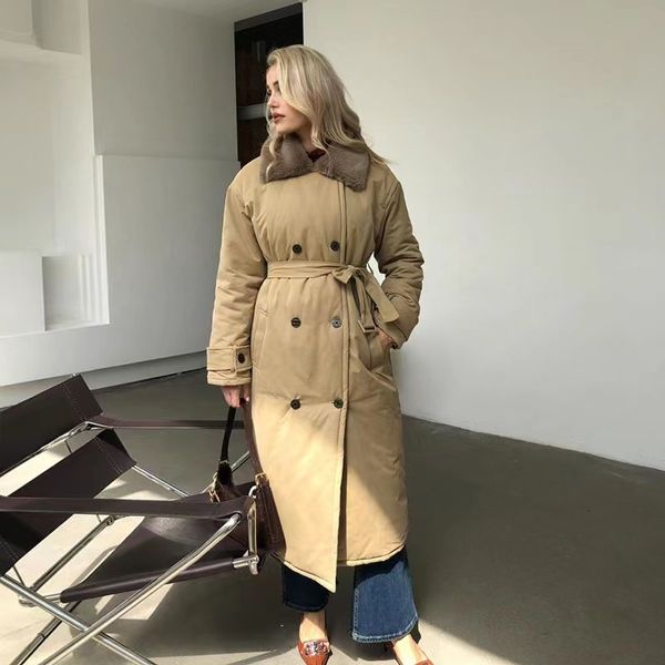 

women s down parkas women winter stylish thick warm fur collar long parka runway designer long coat female overcoat 221208, Black