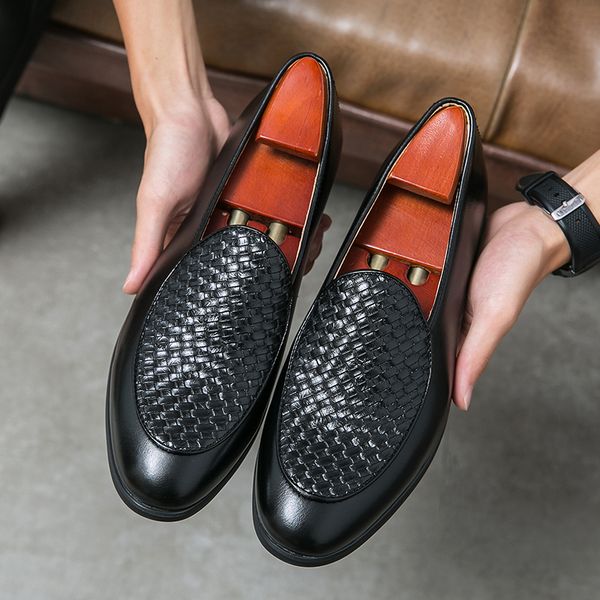 

new italy designer knit pattern leather driving shoes for men dress evening wedding office footwear prom sapato social masculino, Black