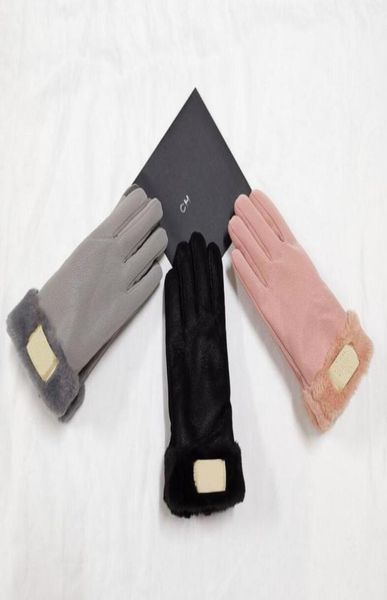 

luxury designer genuine leather gloves fashion brand letter printing mens womens thicken cashmere fingers mittens win3848603, Blue;gray