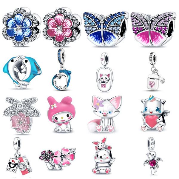 

new 925 silver pink butterfly and flower diy bracelet pendant with gradual drops of glue spring beaded accessories, Black