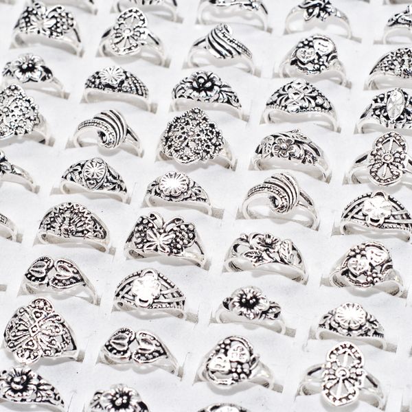 

wholesale 50pcs lot mixed flower pattern vintage rings for women antique silver plated metal fashion jewelry wedding party cluster finger ri, Golden;silver