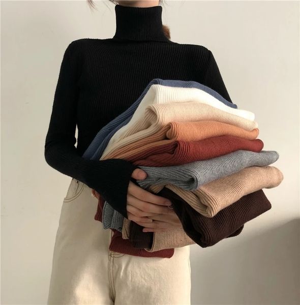 

women's sweaters winter knitting pullovers long sleeve turtleneck knitted chic clothes female candy bottom shirt 221207, White;black