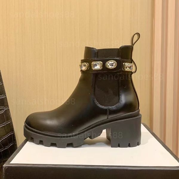 

short boots designer woman cowhide belt buckle metal boot women shoes classic thick heels leather shoe high heeled fashion diamond lady boot, Black