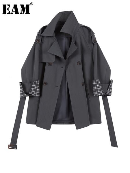 

women's trench coats eam women gray plaid belted casual lapel long sleeve loose fit windbreaker fashion spring autumn 1df2181 221207, Tan;black
