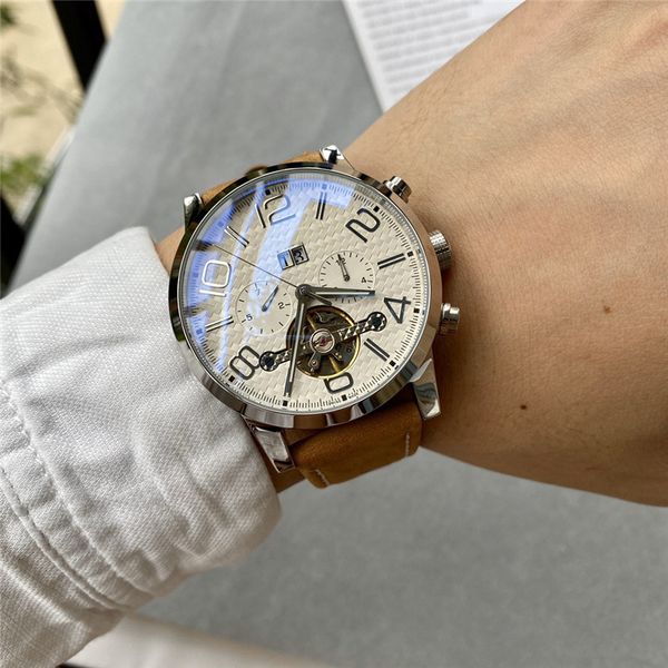 

fashion men's watch automatic mechanical hollow leather watchband glow-in-the-dark waterproof multifunctional large dial, Slivery;brown