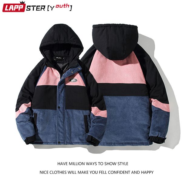 

mens down parkas lappsteryouth men patchwork hooded corduroy jackets coats winter black couple vinatge male casual fashion coat 221207