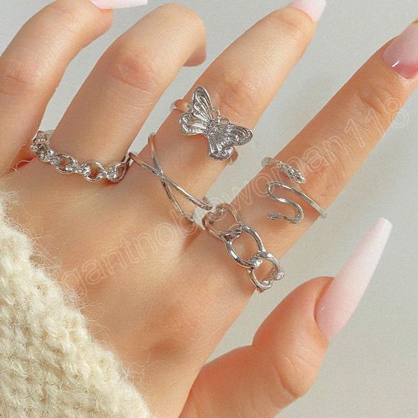 

gold silver color metal women's ring set butterfly snake chains vintage finger ring fashion jewelry gifts