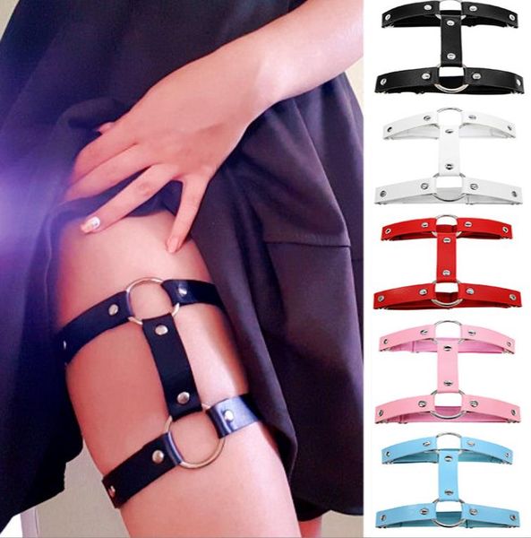 

gothic double rows garter costume accessories pu leather leg ring elastic punk harness belt adjustable thigh rings suspender festival rave p, Black;white