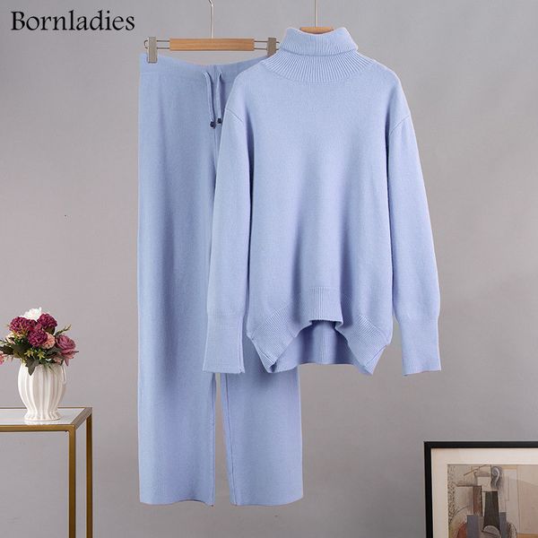 

women's two piece pants bornladies turtleneck knitted sets loose sweater wide leg pant tracksuit female thick warm 2 outfits 221207, White