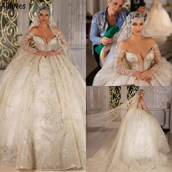 

morrankan dubai arabia princess ball gown wedding dresses off the shoulder long sleeves formal bridal gowns crystals sequined vestidos de no, White