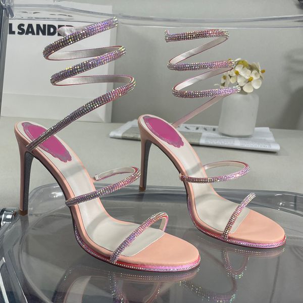 

high heeled sandals for womens rene caovilla luxury designer crystal rhinestone decorate ankle strap winding dress shoes 10cm stiletto heel, Black