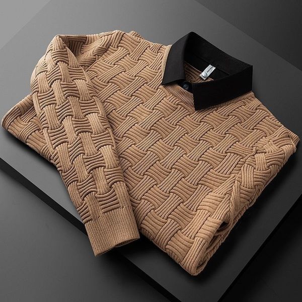 

men's sweaters luxury high end jacquard fake two piece sweater for men's fashion casual winter thickening warm shirt collar knitte, White;black
