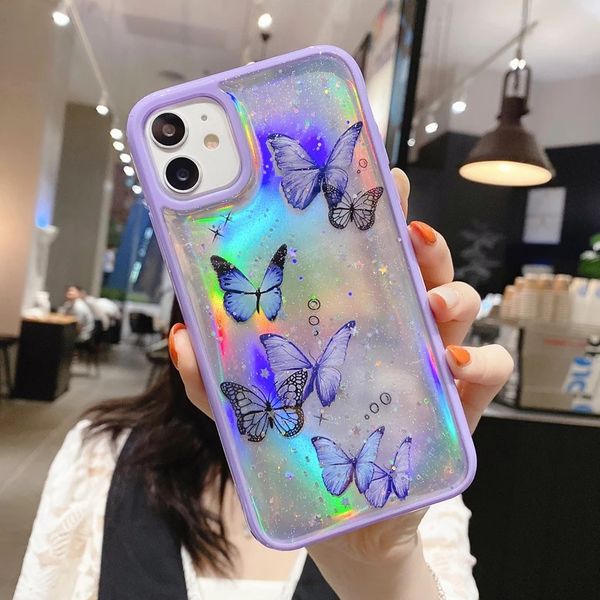 

new gorgeous cute laser card butterfly phone case for iphone 13 12 11 pro max xs 14 xr 7 8 plus pink purple glitter soft clear cover